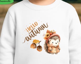 Sweat-shirt Herbst Kinder - motif Hello Autumn d'Igel Eicheln, pull niedlicher für Jungen & Mädchen, tenue Geschenk Geburtstag Wald Natur