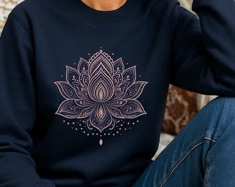 Sweat-shirt Lotusblüte pour femmes – Spirituell Yoga Pullover, Boho Stil, Meditationspullover, Geschenk für Frauen, Navy, Yogis, Achtsamkeit