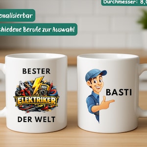 May include: Two white ceramic mugs. One mug features the text "BEST ELECTRICIAN IN THE WORLD" with electrical tools and a lightning bolt graphic. The other mug has a cartoon electrician and the name "BASTI". The mugs are 9.5 cm tall and 8.0 cm in diameter.