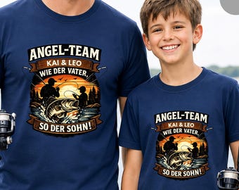 Angel T-Shirt Vater Sohn personalisiert, Wie der Vater so der Sohn, Geschenk für Angler Papa Kind Duo, Partnerlook Familie Angeln Fische