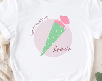 Personalisiertes Schulkind T-shirt Mädchen, Endlich Schulkind Shirt Name, Geschenk Einschulung, Schultütenmotiv Kinder Erstklässler Schule