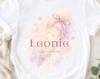 Personalisiertes Schulkind T-Shirt Mädchen – Watercolor Schultüte mit Wunschname – Geschenk zur Einschulung – Kinder T-Shirt Schulkind
