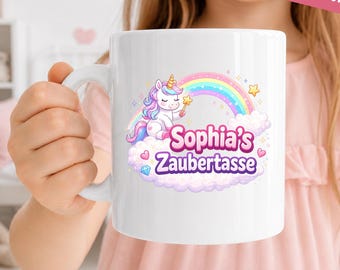 Personalisierte Einhorn Zaubertasse Name, Regenbogen Kindergeschenk, Magische Tasse Mädchen, Individuelles Geschenk Idee Emaille Keramik