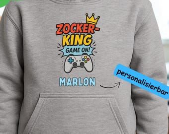 Gaming Kinderpullover personalisiert Name mit Kapuze – Zocker-King Hoodie mit Controller, Comic Style, coole Kinderkleidung, Geschenk Junge