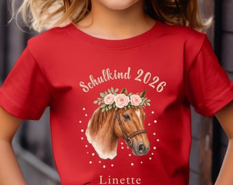 Schulkind 2026 T-shirt personnalisé Mädchen Pferd, Einschulung T-shirt Name, Geschenk Schulanfang Erstklässler Schule Schuleinführung