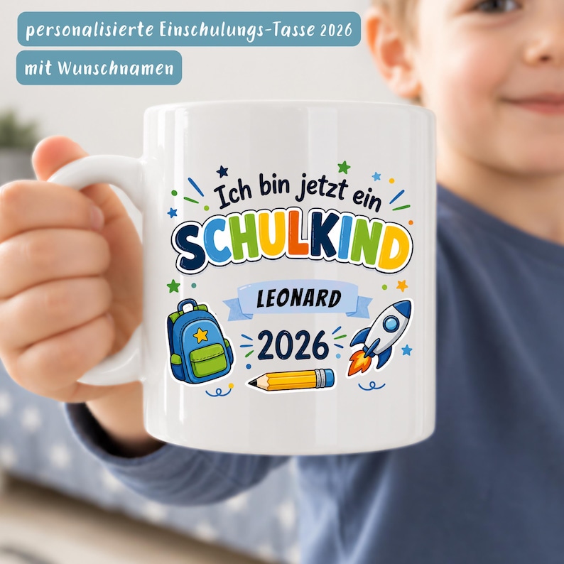 Personalisierte Kindertasse Schulkind Junge Name Einschulung Geschenk Tasse Name Schulstart Geschenk Kind Becher Rakete Schuleinführung image 1