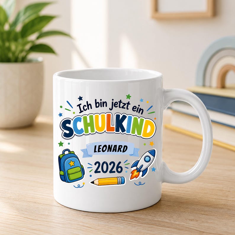May include: A white ceramic mug featuring the German text Ich bin jetzt ein SCHULKIND, the name Leonard, and the year 2026. The design includes colorful illustrations of a blue backpack, a yellow pencil, and a rocket ship with orange flames.