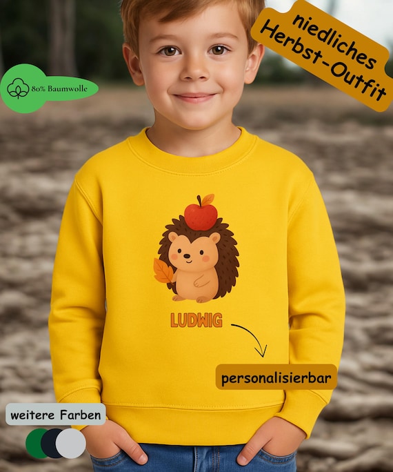 Herbst Kinder Sweatshirt – Süßer Igel mit Apfel Motiv – Personalisiert mit Name – Kuscheliger Pullover Herbst Geschenk für Kinder