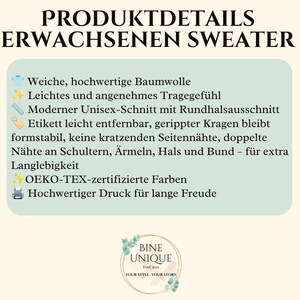 May include: A product information graphic for an adult sweater featuring the text PRODUKTDETAILS ERWACHSENEN SWEATER. It lists features including soft cotton, a unisex crew neck cut, ribbed collar, double-stitched seams, and OEKO-TEX certified inks.