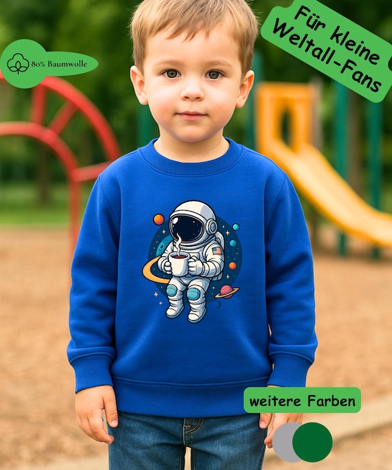 Kinderpullover Astronaut im Weltraum mit Kakaotasse, Space Motiv für Jungen und Mädchen, Lustiges Sweatshirt, Geschenk Junge Kind Geburtstag