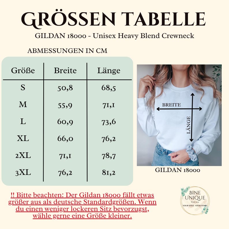 May include: A size chart for a Gildan 18000 unisex heavy blend crewneck sweatshirt. The chart displays measurements in centimeters for sizes S through 3XL, including width and length. An image shows the sweatshirt with arrows indicating width and length.