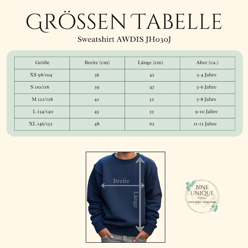 May include: A size chart for the AWDIS JH030J sweatshirt, featuring a table with columns for size, width in cm, length in cm, and age. Below the table, a navy blue sweatshirt is shown with arrows indicating how to measure width and length.