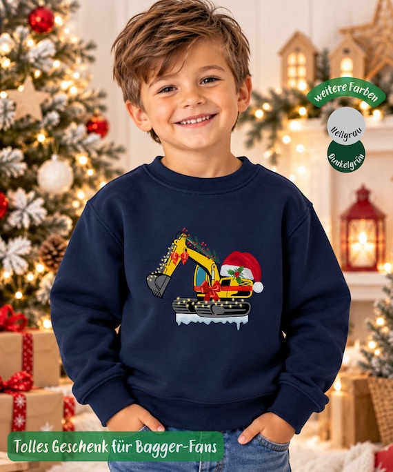 Weihnachtspullover Kinder Xmas Sweatshirt, Bagger mit Weihnachtsmütze, Weihnachtlicher Pullover Jungen Geschenk Nikolaus Baustelle Fahrzeug