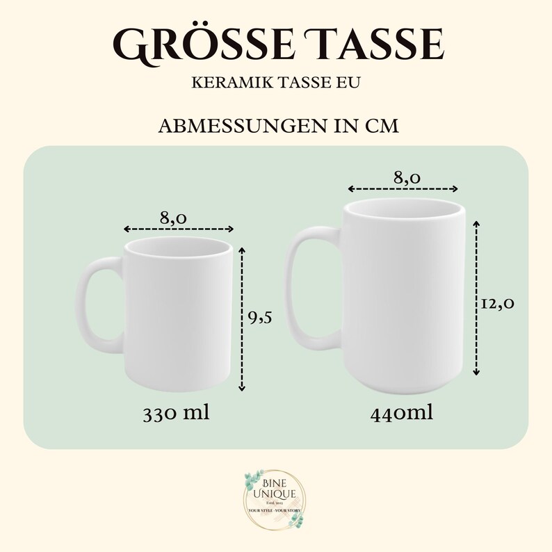 May include: Two white ceramic mugs with handles. The smaller mug is 8.0 cm wide and 9.5 cm high with a 330 ml capacity. The larger mug is 8.0 cm wide and 12.0 cm high with a 440 ml capacity. Text reads GR&Ouml;SSE TASSE, KERAMIK TASSE EU, ABMESSUNGEN IN CM.