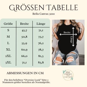 K&ouml;nnte beinhalten: Eine Gr&ouml;&szlig;entabelle f&uuml;r das Bella Canvas 3001 T-Shirt mit Spalten f&uuml;r Gr&ouml;&szlig;e, Breite und L&auml;nge in Zentimetern. Die Tabelle enth&auml;lt die Gr&ouml;&szlig;en S bis 3XL mit den entsprechenden Ma&szlig;en sowie eine visuelle Anleitung auf einem schwarzen T-Shirt.