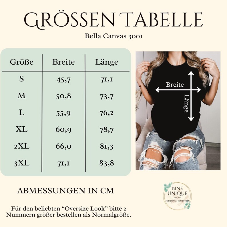 K&ouml;nnte beinhalten: Eine Gr&ouml;&szlig;entabelle f&uuml;r das Bella Canvas 3001 T-Shirt mit Spalten f&uuml;r Gr&ouml;&szlig;e, Breite und L&auml;nge in Zentimetern. Die Tabelle enth&auml;lt die Gr&ouml;&szlig;en S bis 3XL mit den entsprechenden Ma&szlig;en sowie eine visuelle Anleitung auf einem schwarzen T-Shirt.