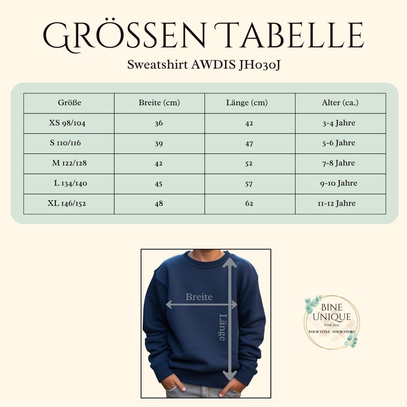 May include: A size chart for the AWDIS JH030J sweatshirt, featuring a table with columns for size, width in cm, length in cm, and age. Below, a navy blue sweatshirt shows arrows indicating where width and length measurements are taken.