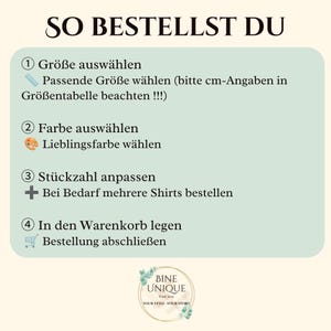 May include: A light green informational graphic with the heading SO BESTELLST DU. It lists four steps for ordering: 1. Gr&ouml;&szlig;e ausw&auml;hlen, 2. Farbe ausw&auml;hlen, 3. St&uuml;ckzahl anpassen, and 4. In den Warenkorb legen. Includes icons and a BINE UNIQUE logo.