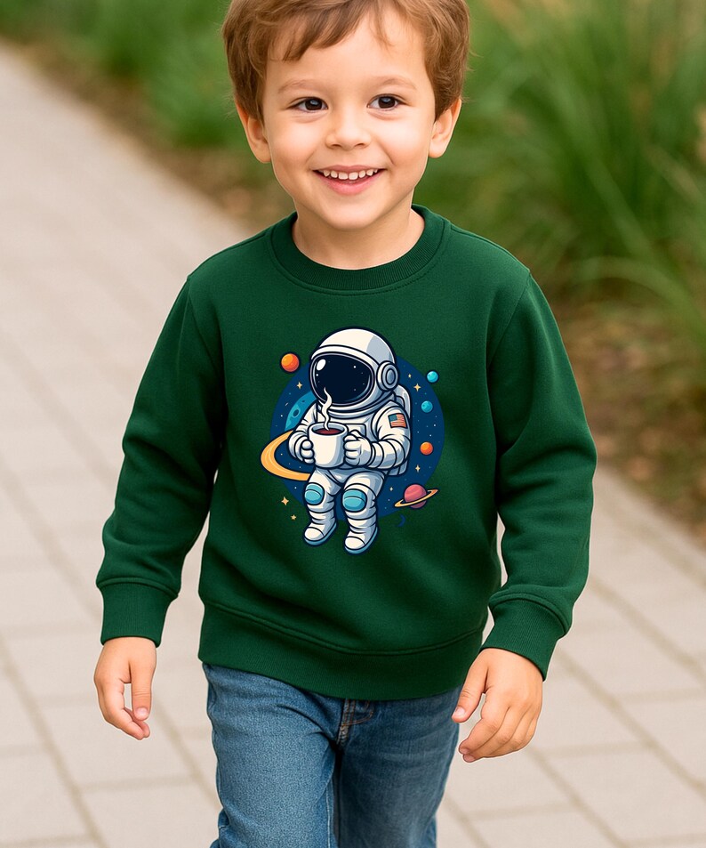 May include: A dark green long-sleeve sweatshirt featuring a graphic print of an astronaut in a white suit holding a steaming mug of coffee, surrounded by colorful planets, stars, and a yellow orbital ring against a dark blue circular background.