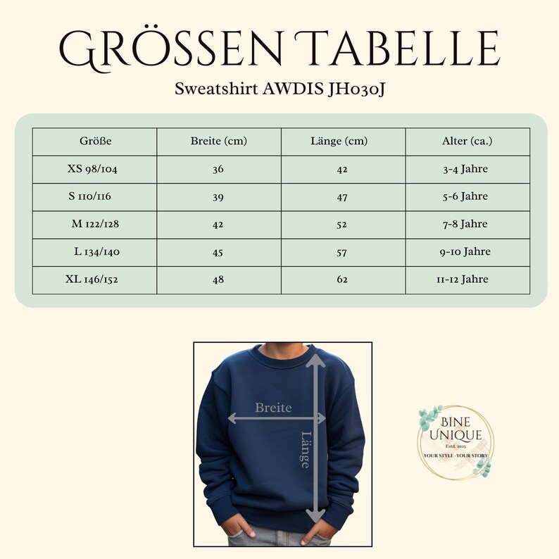 May include: A size chart for the AWDIS JH030J sweatshirt, featuring a table with columns for size, width in cm, length in cm, and age. Below, a navy blue sweatshirt shows arrows indicating where width and length measurements are taken.