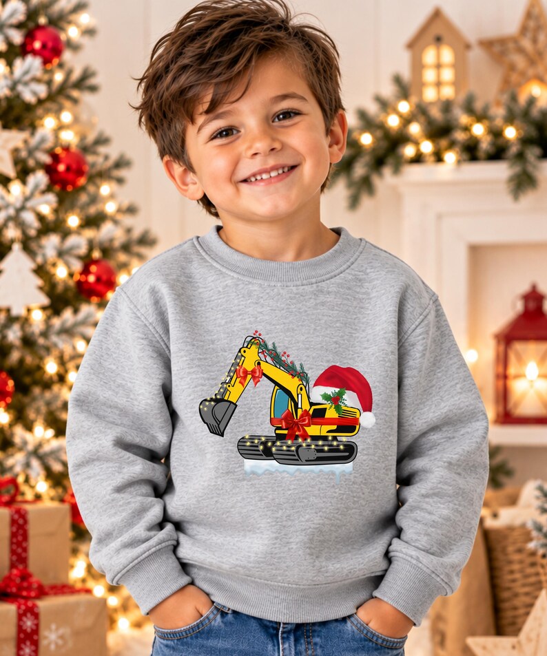 May include: A heather gray crewneck sweatshirt featuring a graphic of a yellow excavator decorated with red bows, green pine branches, and a red Santa hat. The excavator tracks are wrapped in small string lights, and the design sits on a white base.