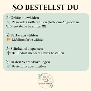 May include: A light green informational graphic with dark text titled SO BESTELLST DU. It lists four steps for ordering: 1. Select size, 2. Select color, 3. Adjust quantity, 4. Add to cart. At the bottom is a circular logo for BINE UNIQUE.