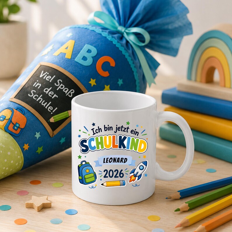 May include: A white ceramic mug featuring the text Ich bin jetzt ein SCHULKIND, the name LEONARD, the year 2026, and colorful illustrations of a backpack, a rocket, and a pencil. The mug is positioned next to a blue cone-shaped gift bag.