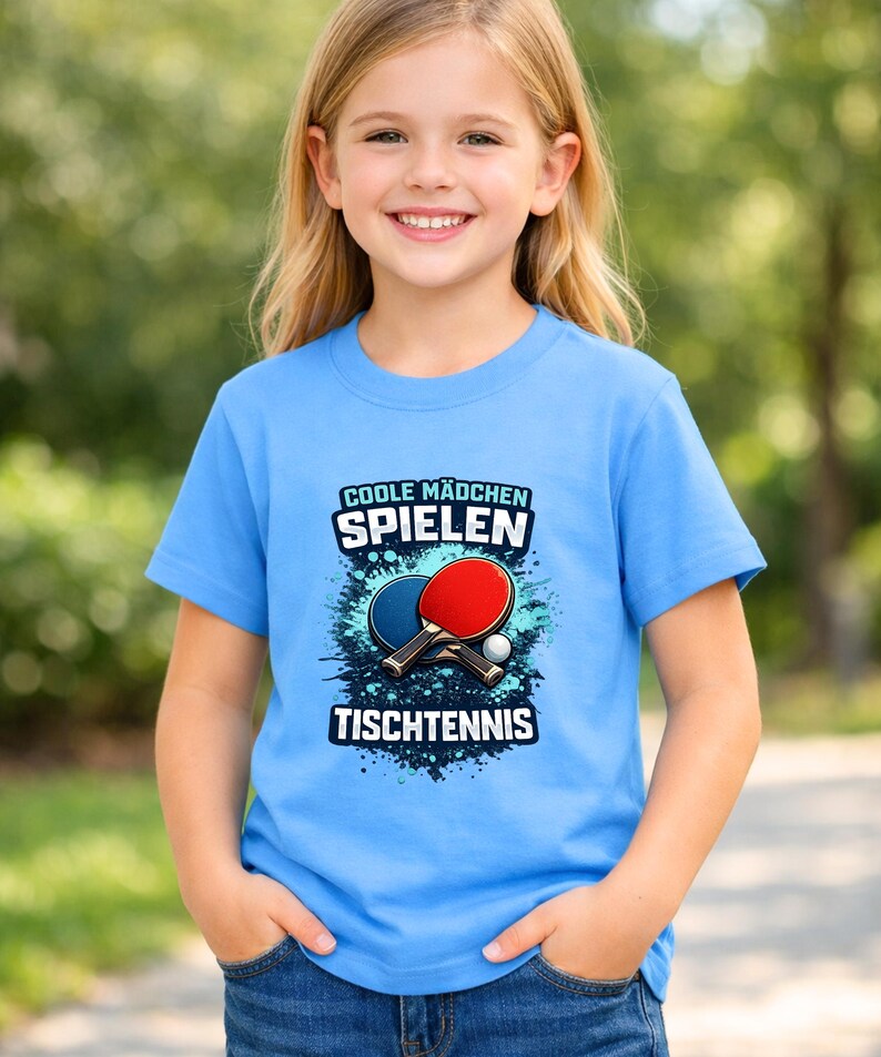 Puede incluir: Una camiseta azul claro con el texto alem&aacute;n "COOLE M&Auml;DCHEN SPIELEN TISCHTENNIS". El gr&aacute;fico incluye una raqueta de ping-pong roja y azul, una pelota blanca y un dise&ntilde;o de salpicaduras azules. La camiseta la lleva una persona joven.