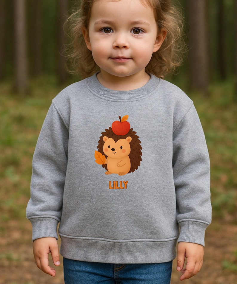 Graues Kinder Sweatshirt mit Igel und Apfel, süßes Herbstmotiv, optional mit Namen personalisiert