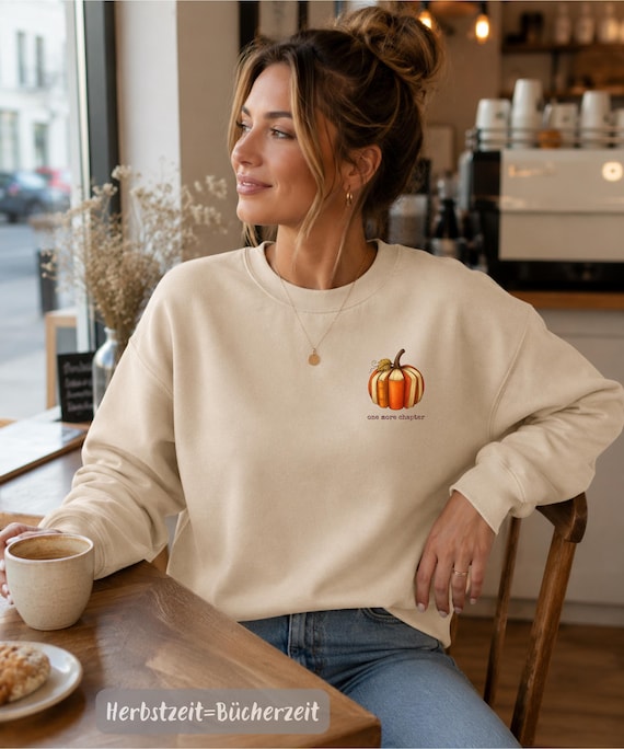 Herbstpullover Damen, Minimalistisches Kürbis Buch Design, Geschenk für Sie Frau Bücherliebhaber & Leseratten, Cozy Herbst Pulli, Sweatshirt