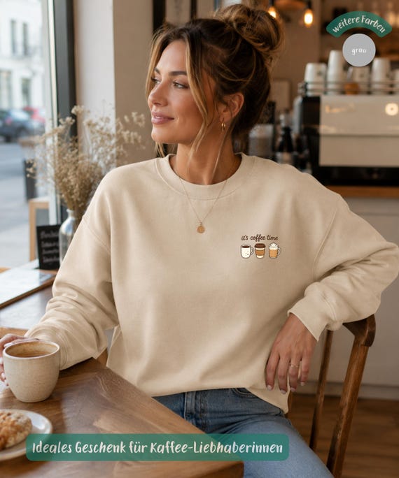 Kaffee Sweatshirt Damen, Minimalistisches „It’s Coffee Time“ Design, Kleiner Brustdruck, Geschenk Kaffeeliebhaber, Pullover Kaffee-Fan