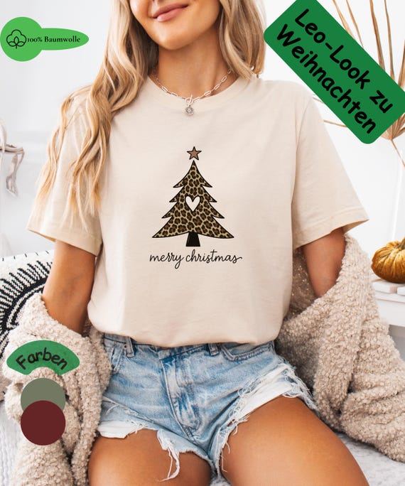 Leoparden Weihnachts T-Shirt Tannenbaum, Damen T-Shirt, Trend Shirt, Merry Christmas, Leo Print Weihnachtsoutfit, Geschenk für Sie, Leo Look