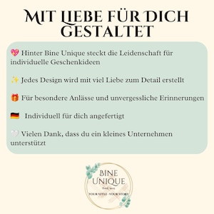 May include: A light green informational graphic with the German text MIT LIEBE F&Uuml;R DICH GESTALTET, followed by bullet points with emojis and the brand logo BINE UNIQUE Estd. 2015 YOUR STYLE - YOUR STORY at the bottom center.
