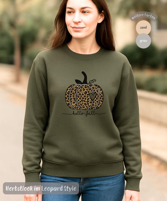 Leoparden Kürbis Sweatshirt Damen, Herbstpullover Herbst Outfit, Cozy Sweater Pullover Leopardlook Geschenk Herbstzeit für Sie Freundin Frau