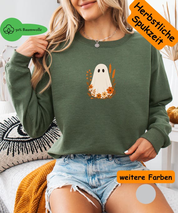 Halloweenpullover Geist mit Herbstblumen, Herbstpullover Damen, Süßes Halloween Shirt Geschenk für Sie, Herbst Look Sweatshirt Spuk Party