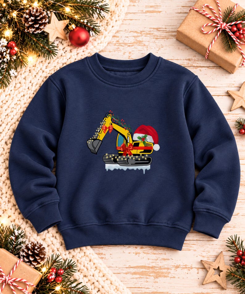 May include: A navy blue crewneck sweatshirt featuring a graphic of a yellow excavator decorated with red bows, a string of lights, and a Santa hat, with the excavator tracks resting on a patch of white snow.