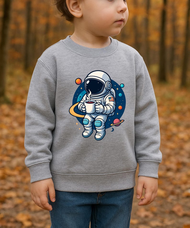 May include: A heather gray long-sleeve sweatshirt featuring a graphic print of an astronaut in a white suit holding a steaming mug. The astronaut is positioned against a dark blue circular background with colorful planets, stars, and a yellow ring.