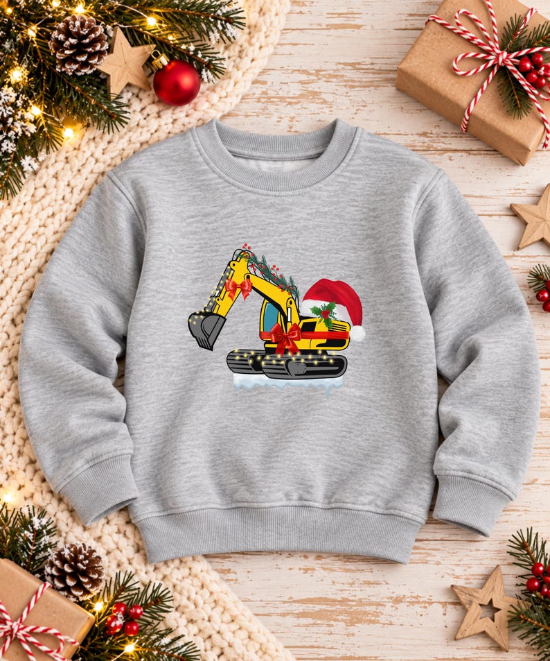 May include: A heather gray crewneck sweatshirt featuring a graphic of a yellow excavator decorated with a red bow, a Santa hat, holly leaves, and string lights. The excavator is positioned on a small patch of white snow, creating a festive scene.