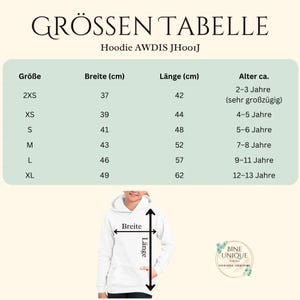 May include: A size chart for an AWDIS JH001J hoodie, titled GR&Ouml;SSEN TABELLE. The table lists sizes 2XS to XL with corresponding width and length measurements in centimeters, and estimated age ranges from 2 to 13 years. A white hoodie is shown below.