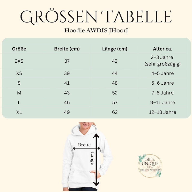 May include: A size chart for an AWDIS JH001J hoodie, titled GR&Ouml;SSEN TABELLE. The table lists sizes 2XS to XL with corresponding width and length measurements in centimeters, and estimated age ranges from 2 to 13 years. A white hoodie is shown below.