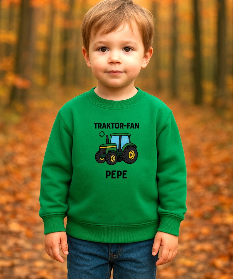 May include: A bright green long-sleeve crewneck sweatshirt featuring a graphic of a green tractor with yellow wheels. Above the tractor, the text reads TRAKTOR-FAN, and below the tractor, the name PEPE is printed in bold black capital letters.