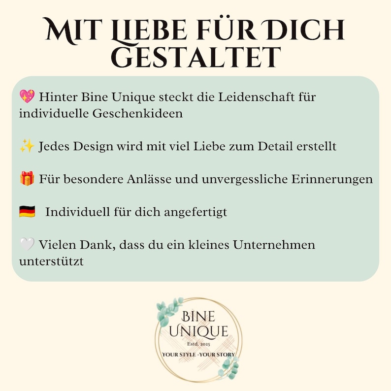 May include: A light green rectangular information card with black text reading MIT LIEBE F&Uuml;R DICH GESTALTET, followed by bullet points with emojis and German text. At the bottom, a circular logo features the text BINE UNIQUE, Estd. 2015.