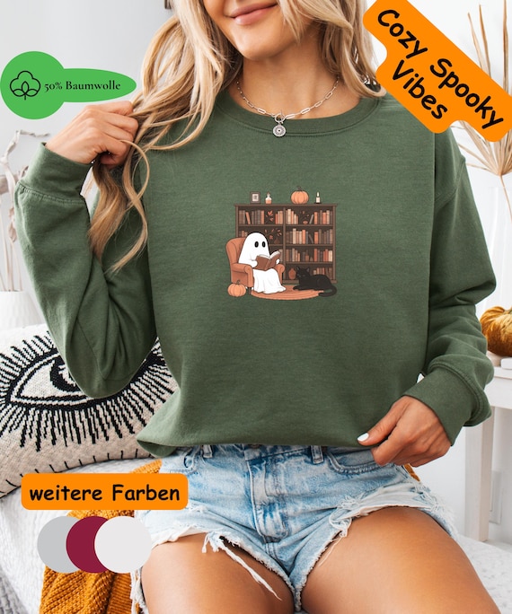 Halloweenpullover Geist mit Katze und Bücherregal, Cozy Herbst Sweatshirt Damen, Spooky Season Geschenk Frau Lesefreunde Bücherliebhaber