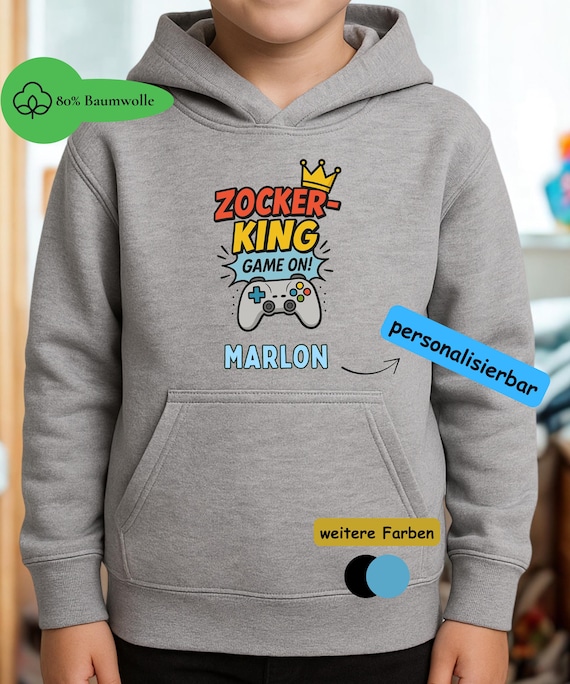 Gaming Kinderpullover personalisiert Name mit Kapuze – Zocker-King Hoodie mit Controller, Comic Style, coole Kinderkleidung, Geschenk Junge