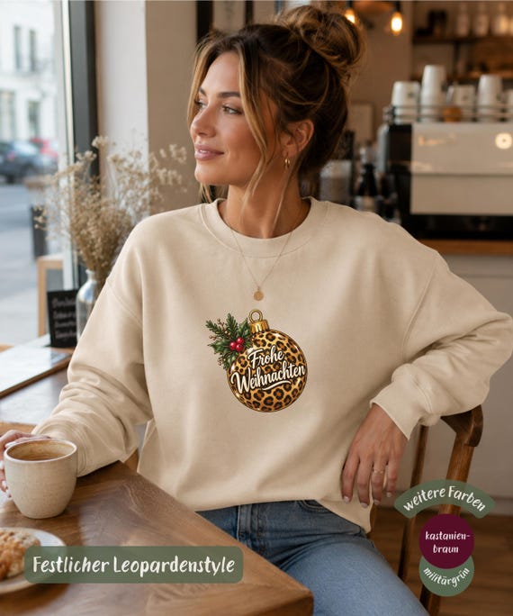 Leoparden Weihnachtspullover Weihnachtskugel Sweater, Weihnachtsoutfit, Damenpullover, Geschenk für Sie, Festlicher Leopard Look