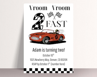 Race Car 2nd Birthday Invitation, Two Fast editable and printable card, instant download, Boy or girl birthday invite