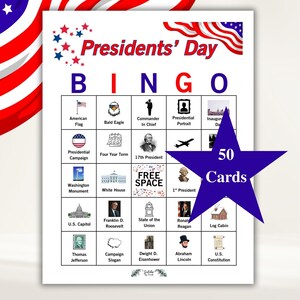 Bingospel Presidents' Day, Amerikaanse presidenten klasactiviteit, 50 bingokaarten, afdrukbare pdf, direct downloaden, basis- en middelbare school