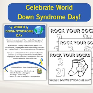 Puede incluir: Gráfico que promueve el Día Mundial del Síndrome de Down. Presenta texto informativo, un gráfico de un globo terráqueo y la frase "Rock Your Socks". La imagen incluye una lista de libros infantiles sobre el síndrome de Down.