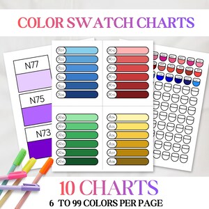 May include: Color swatch charts with the text COLOR SWATCH CHARTS, 10 CHARTS, and 6 TO 99 COLORS PER PAGE. The charts display various color blocks labeled with codes like N77, R01, M10, and A04, accompanied by three colored felt-tip pens in green, yellow, and orange.