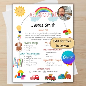 All About My Child Canva Template, Special Needs Teacher Guide, Editable School Introduction, Down syndrome, Autism, IEP School Resource.